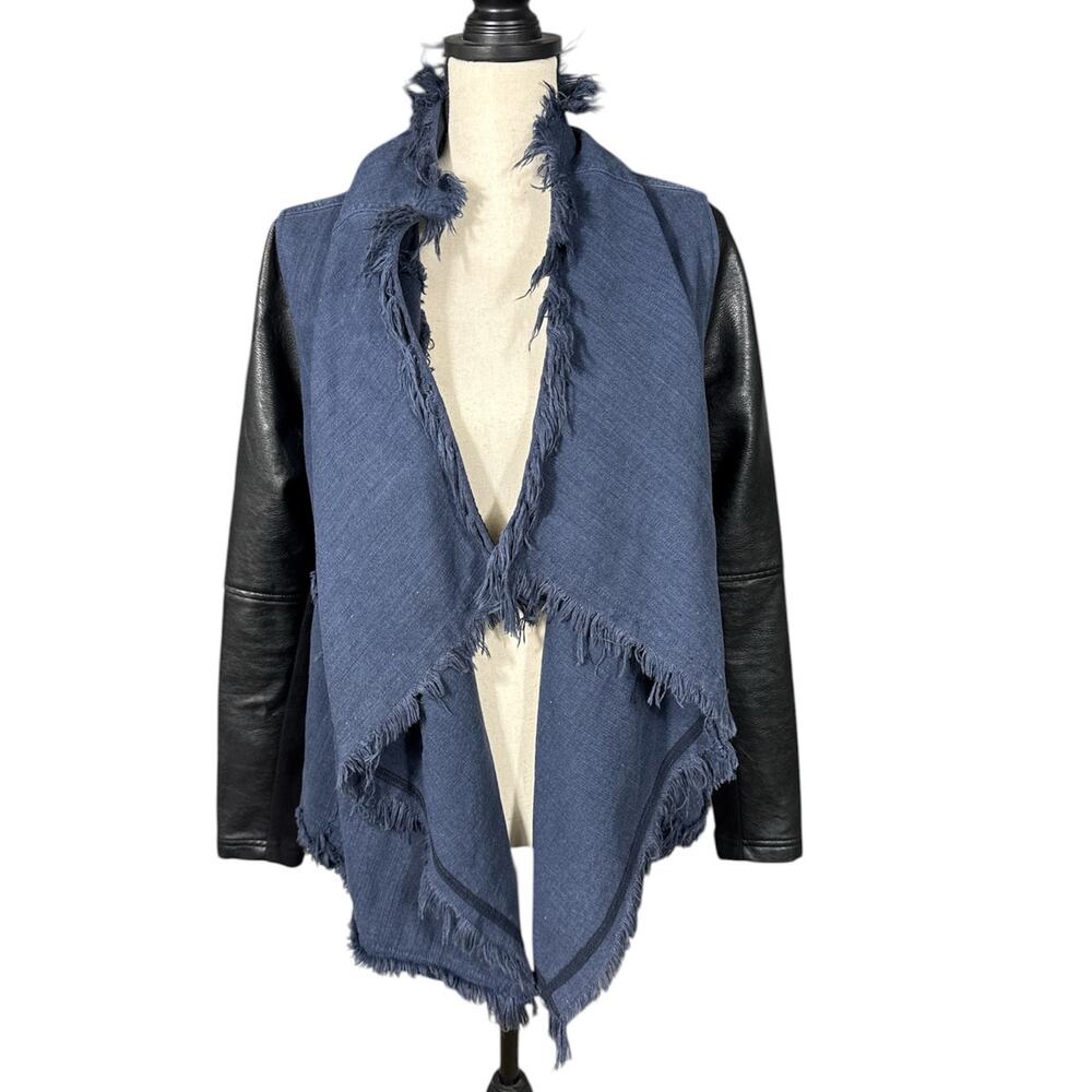 Blank NYC Drape Front‎ Mixed Media Denim Vegan Leather Fringe Jacket Women's M